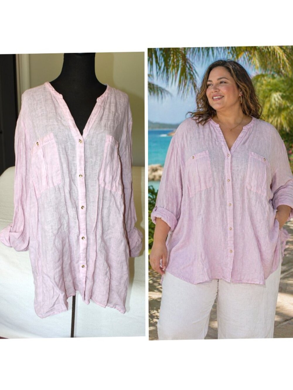 J. Jill 100% Linen Women's Shirt Buttons Front Size 3X Baby Pink Long Sleeves